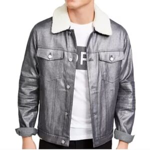 Michael Kors Metallic Gray Jacket  White Sherpa Removable Collar.   Size L